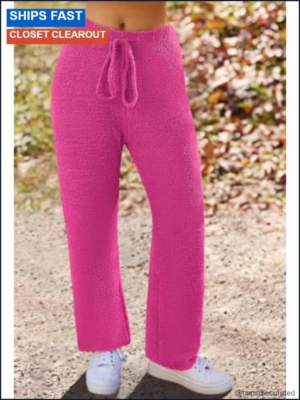 Women's Fuzzy Fleece 2 Piece Lounge Pajama Set with V-Neck Top and Wide Leg